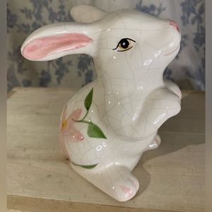 VTG Ceramic Bunny with Pink & Green Hand Painted Flowers